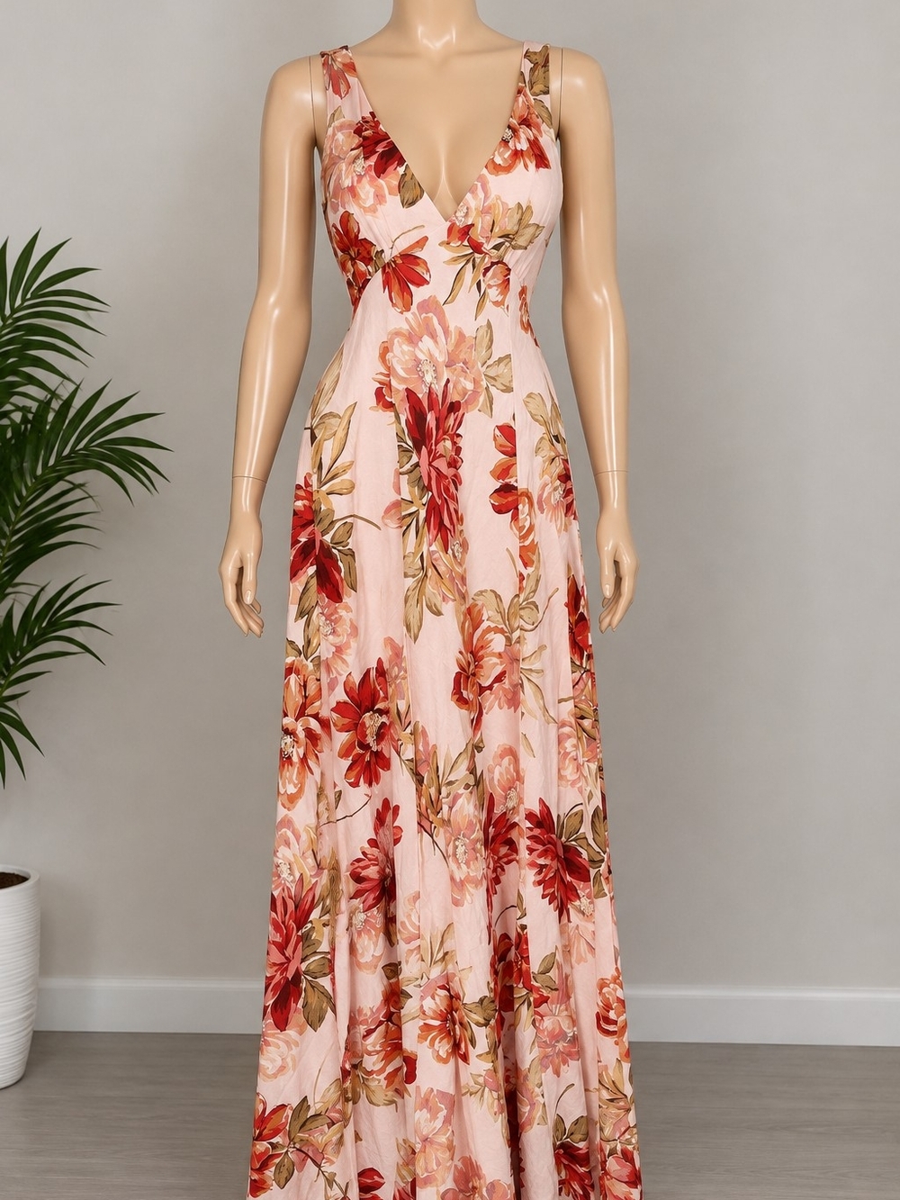 Sleeveless Floral Maxi Dress in Blush and Red